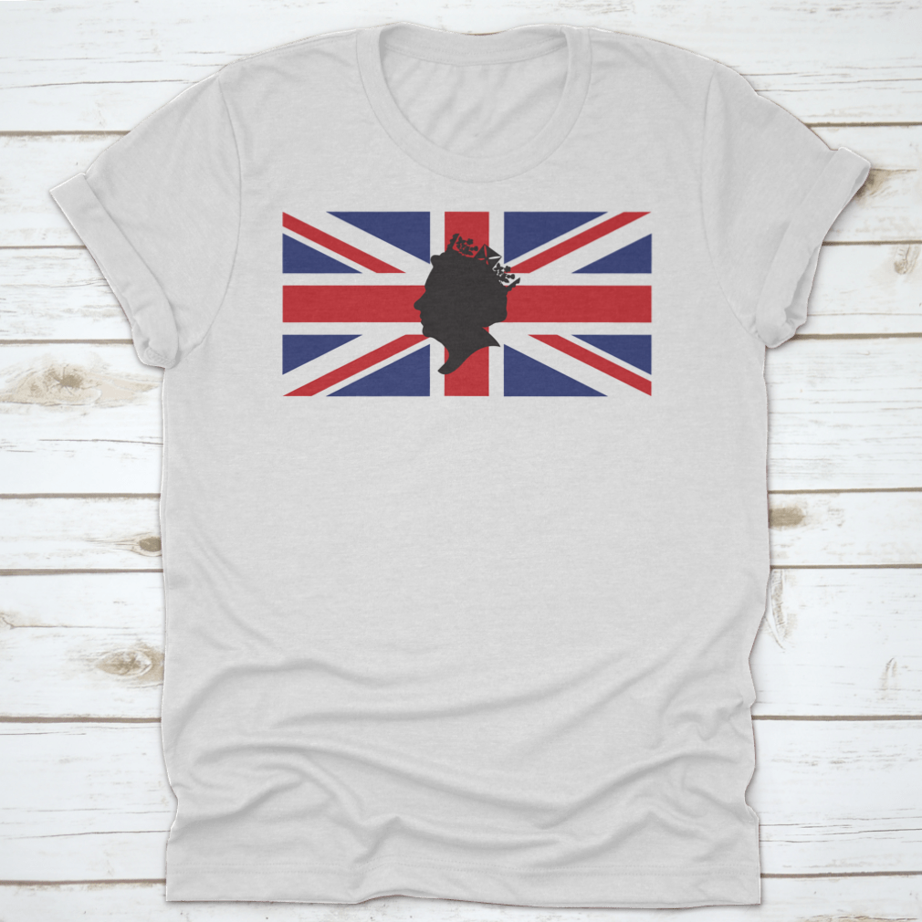 A stylish t-shirt featuring a side profile silhouette of Queen Elizabeth wearing a crown, with the Union Jack in the background.