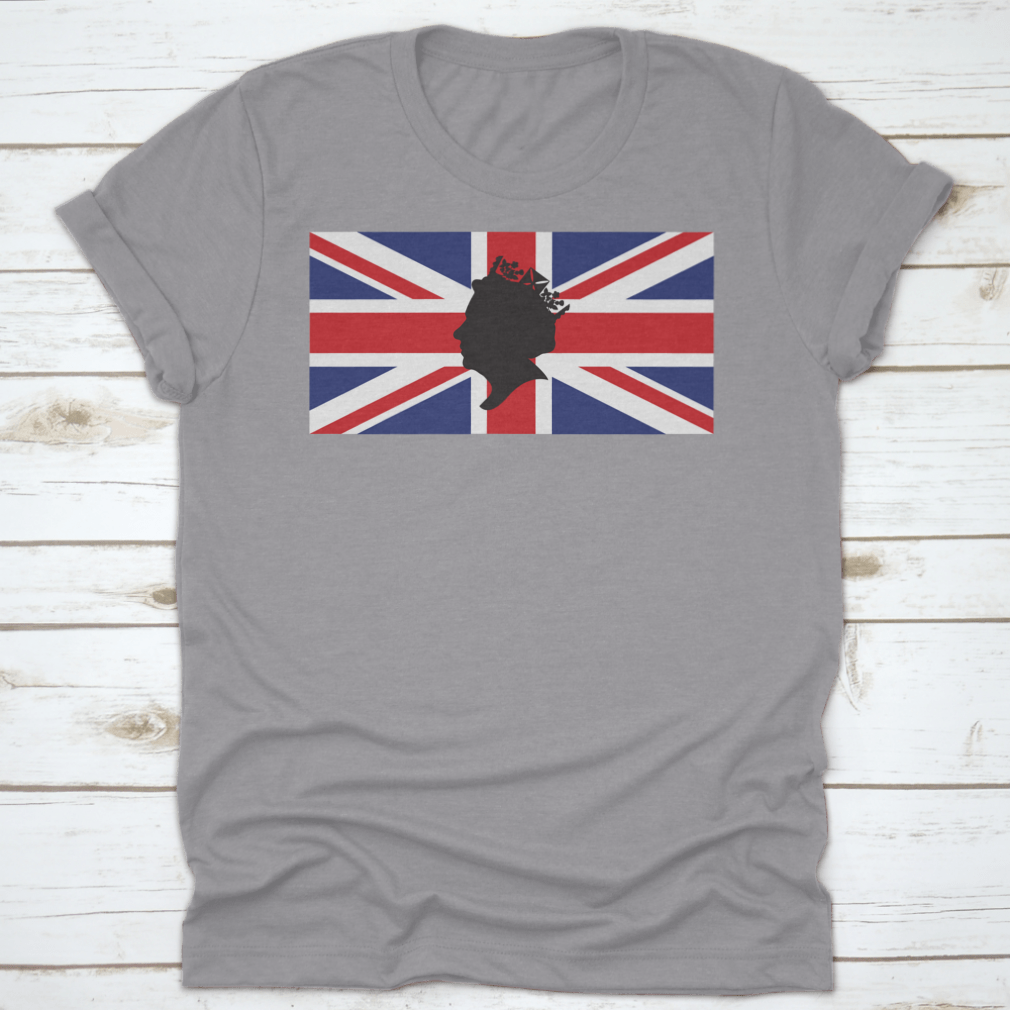 A stylish t-shirt featuring a side profile silhouette of Queen Elizabeth wearing a crown, with the Union Jack in the background.