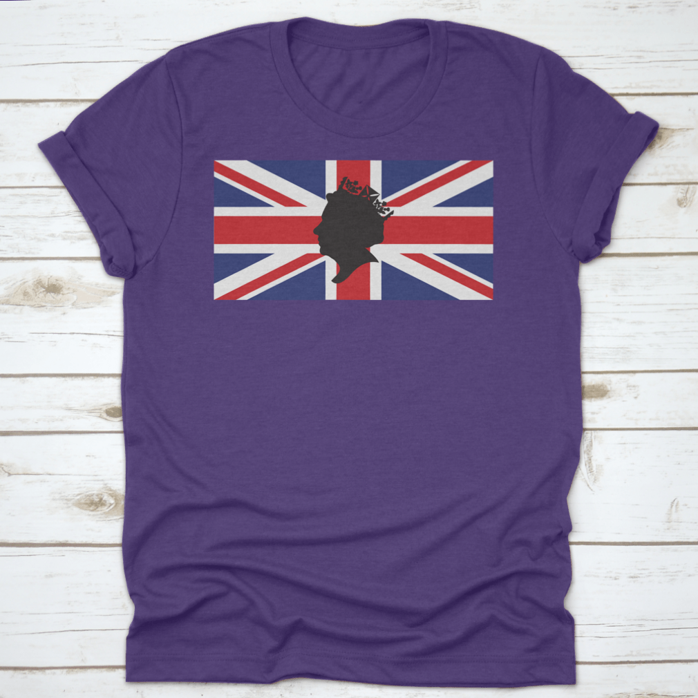 A stylish t-shirt featuring a side profile silhouette of Queen Elizabeth wearing a crown, with the Union Jack in the background.