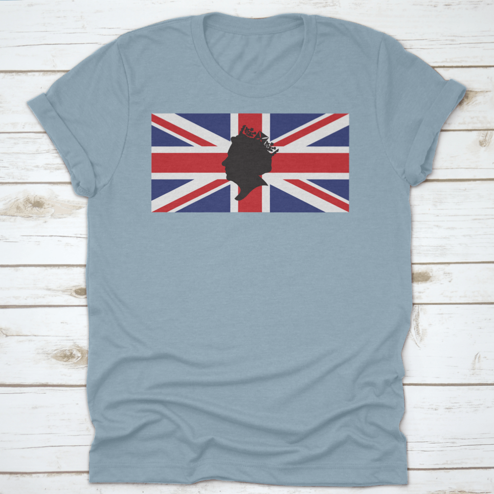 A stylish t-shirt featuring a side profile silhouette of Queen Elizabeth wearing a crown, with the Union Jack in the background.