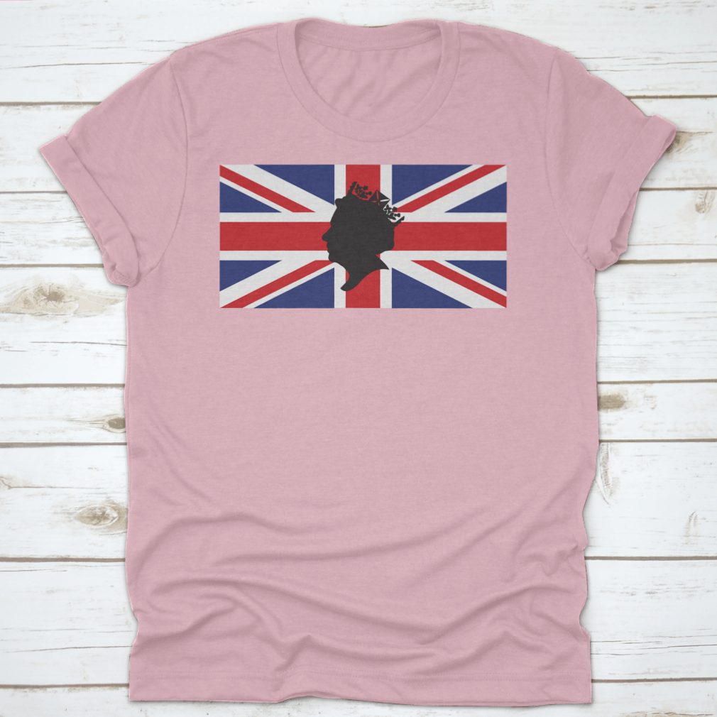 A stylish t-shirt featuring a side profile silhouette of Queen Elizabeth wearing a crown, with the Union Jack in the background.