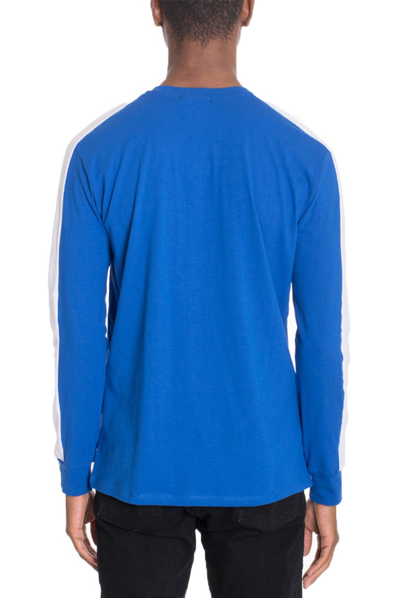 A blue long sleeve shirt featuring a stylish side stripe design, perfect for casual wear.