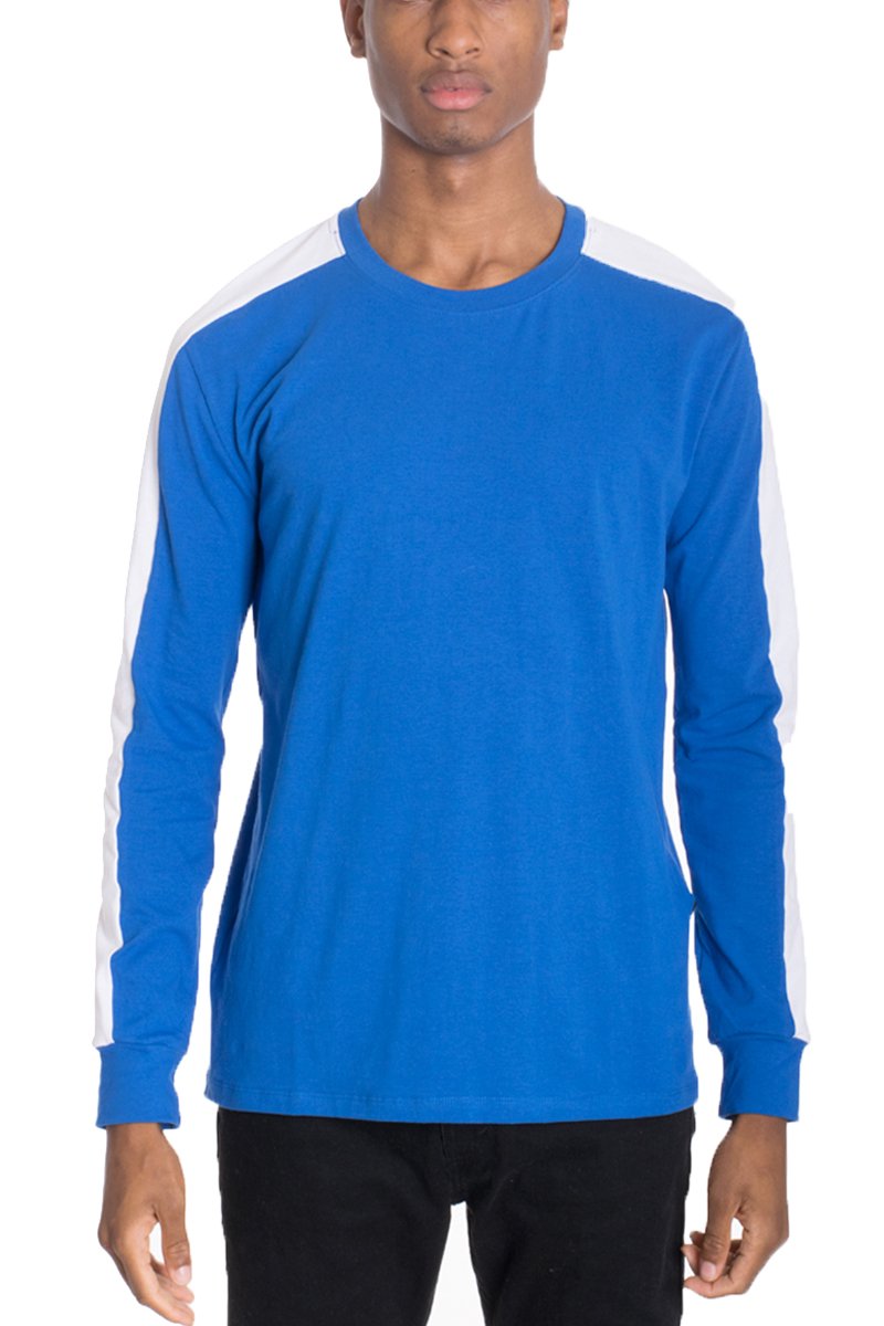 A blue long sleeve shirt featuring a stylish side stripe design, perfect for casual wear.