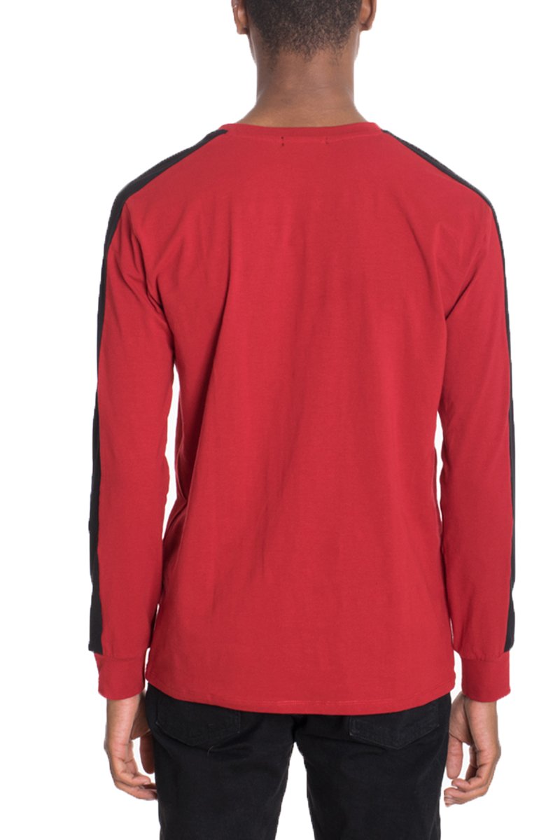 A stylish red and black long sleeve shirt featuring side stripes, round neck, and straight edge design, perfect for casual wear.