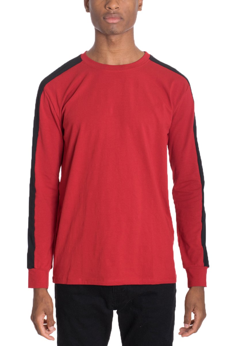 A stylish red and black long sleeve shirt featuring side stripes, round neck, and straight edge design, perfect for casual wear.