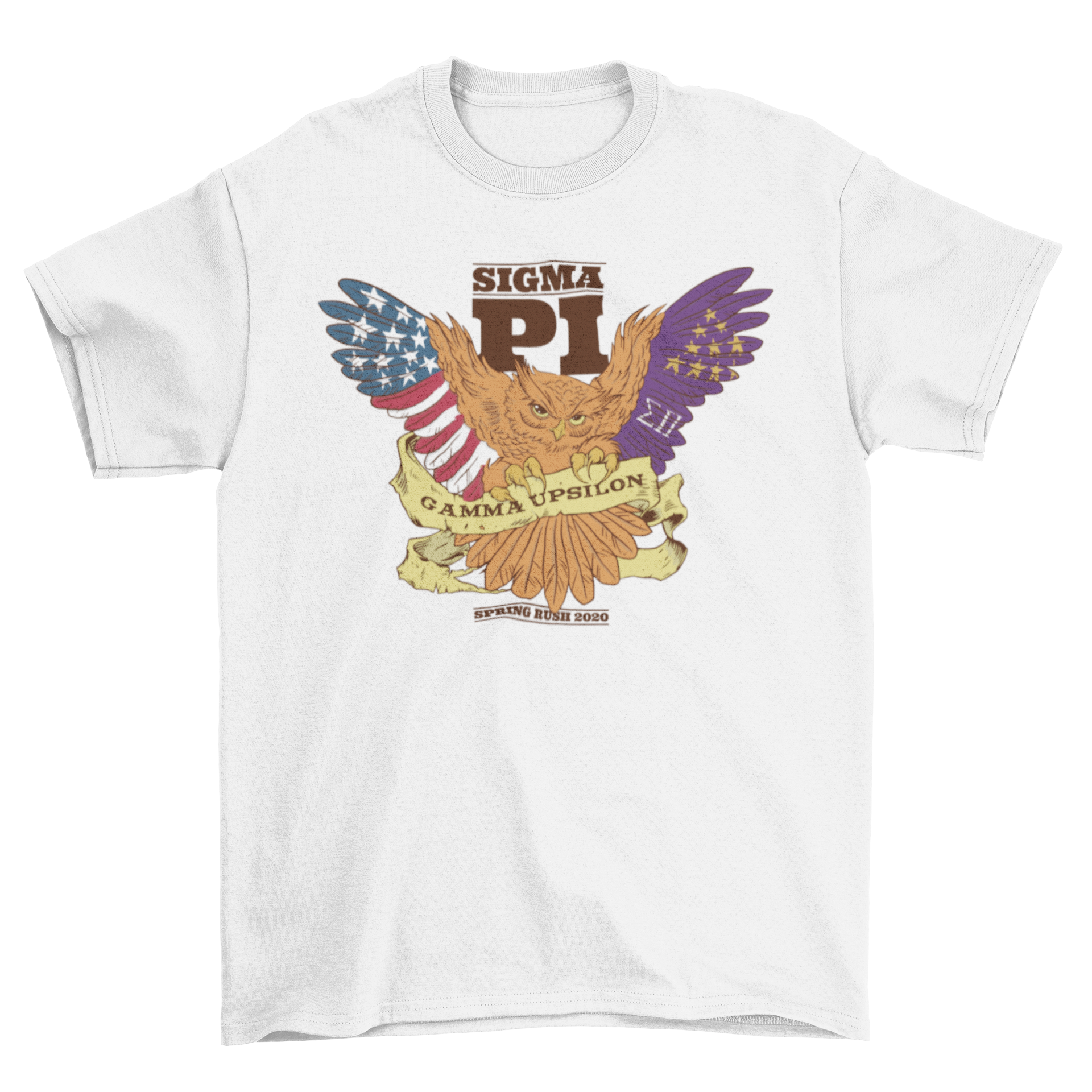 Sigma Pi Owl T-shirt featuring an owl illustration with 'Sigma Pi', 'Gamma Upsilon', and 'Spring Rush 2020' captions.