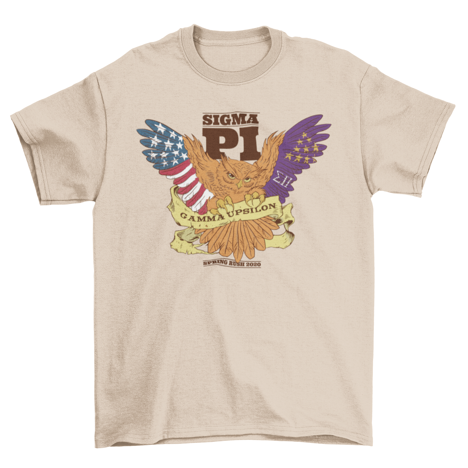 Sigma Pi Owl T-shirt featuring an owl illustration with 'Sigma Pi', 'Gamma Upsilon', and 'Spring Rush 2020' captions.