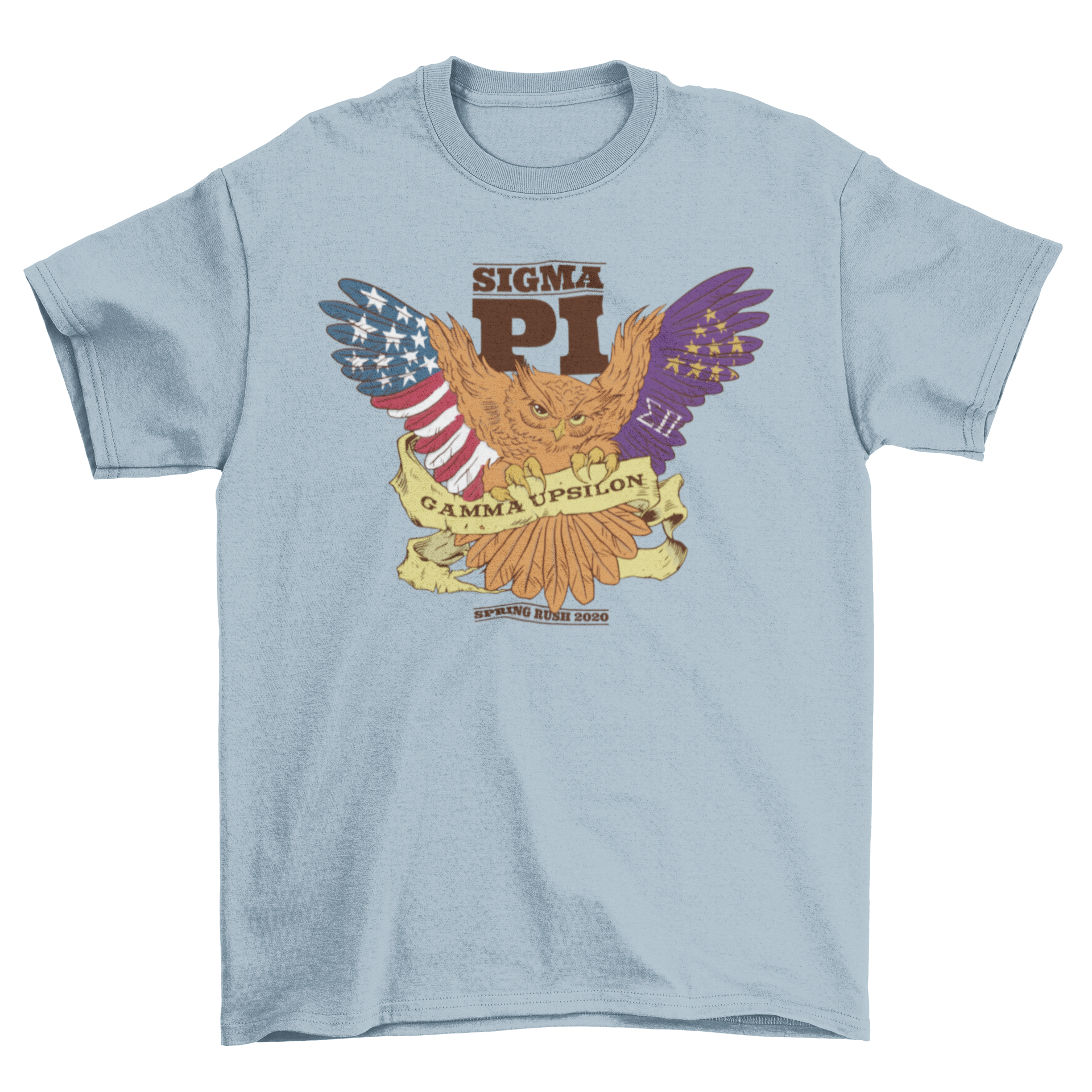 Sigma Pi Owl T-shirt featuring an owl illustration with 'Sigma Pi', 'Gamma Upsilon', and 'Spring Rush 2020' captions.