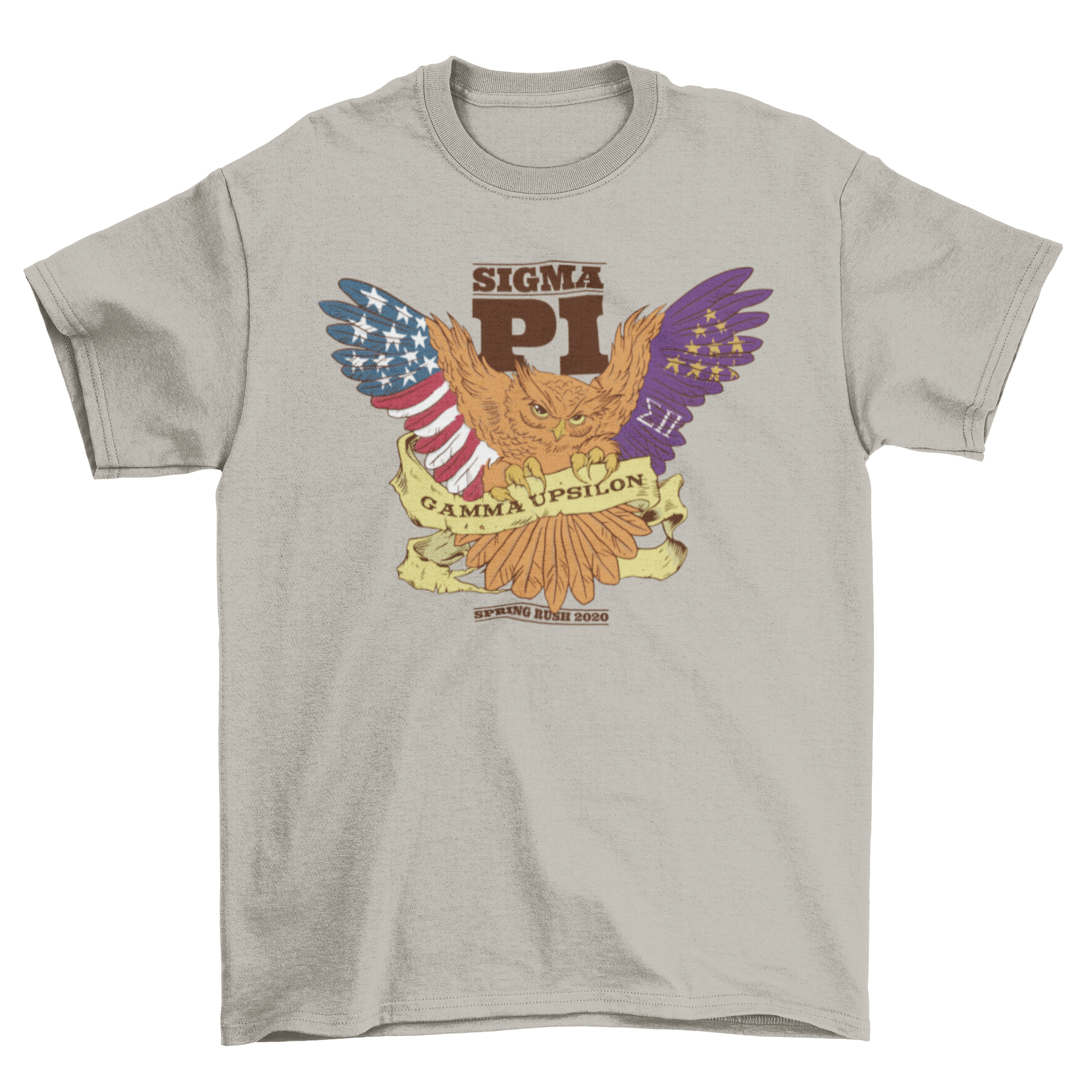 Sigma Pi Owl T-shirt featuring an owl illustration with 'Sigma Pi', 'Gamma Upsilon', and 'Spring Rush 2020' captions.