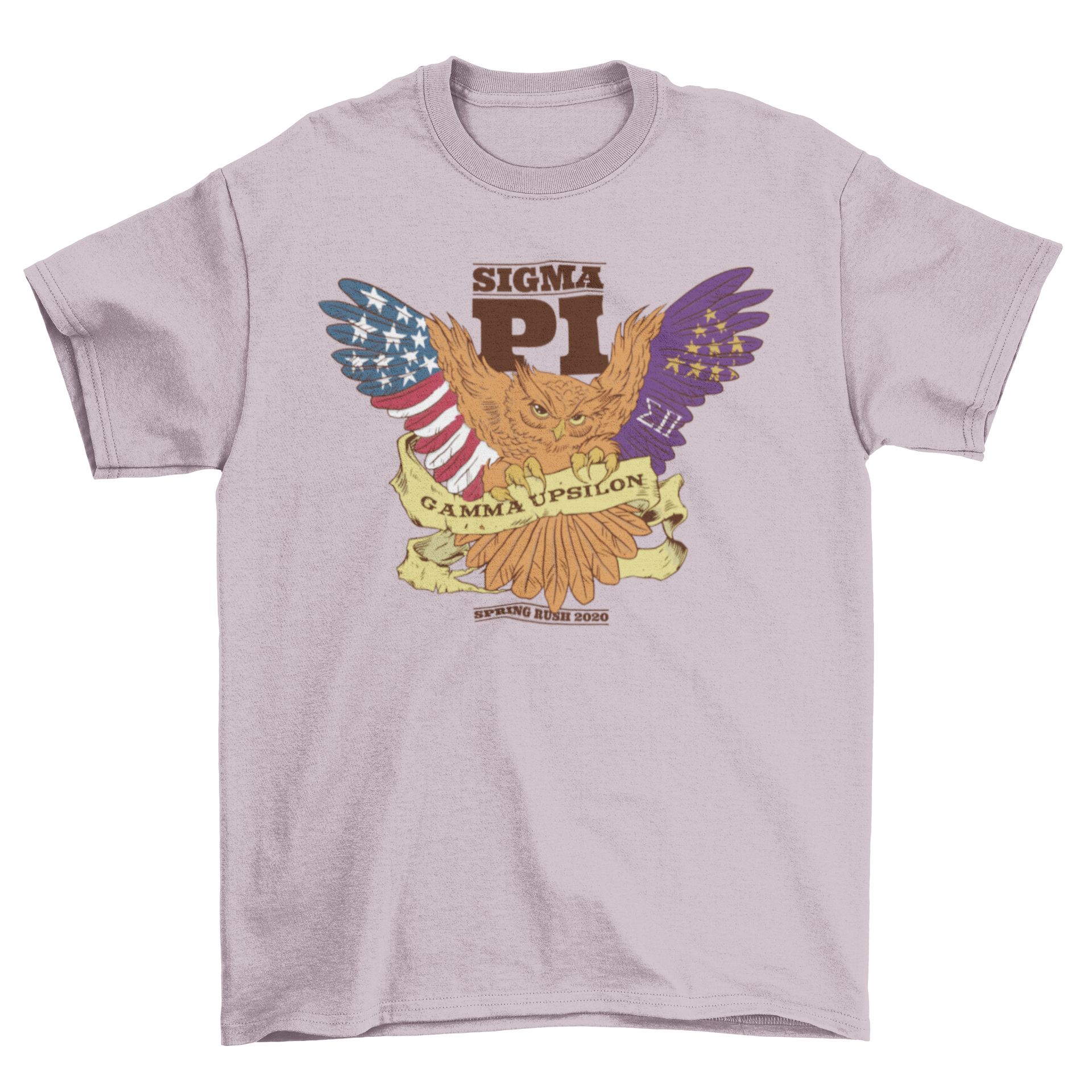 Sigma Pi Owl T-shirt featuring an owl illustration with 'Sigma Pi', 'Gamma Upsilon', and 'Spring Rush 2020' captions.