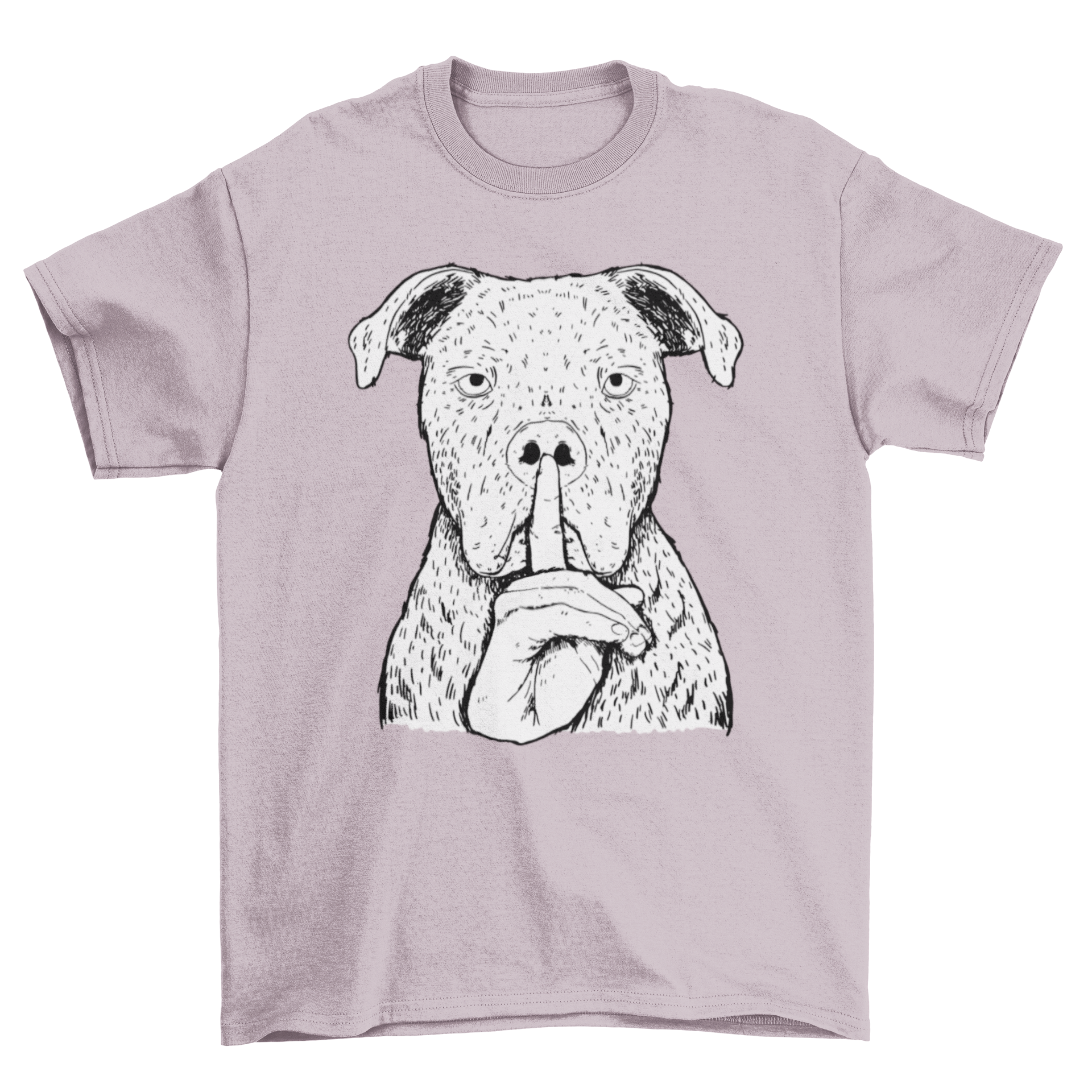 A stylish t-shirt featuring a playful dog illustration and a silencing hand graphic, perfect for dog lovers.