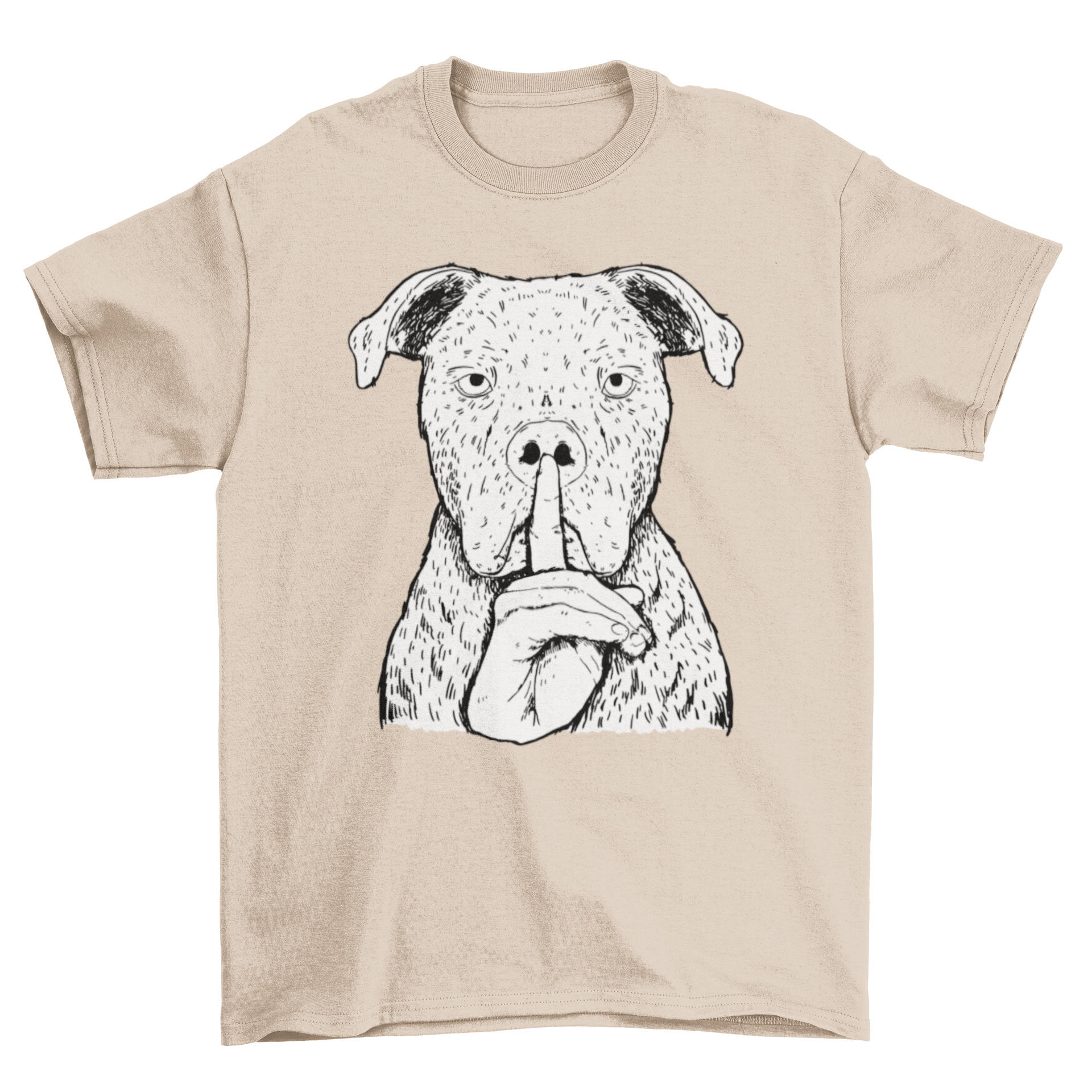 A stylish t-shirt featuring a playful dog illustration and a silencing hand graphic, perfect for dog lovers.