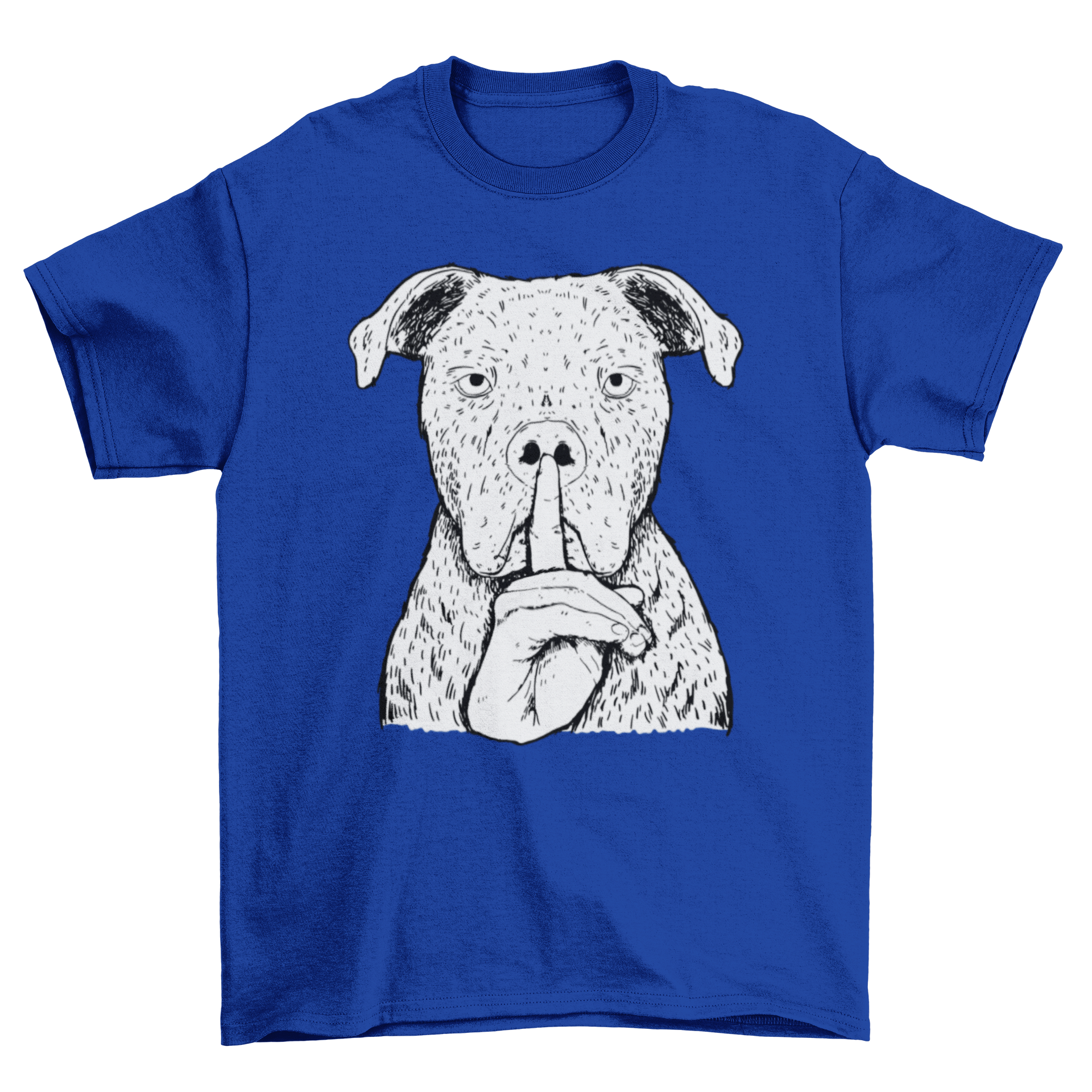 A stylish t-shirt featuring a playful dog illustration and a silencing hand graphic, perfect for dog lovers.