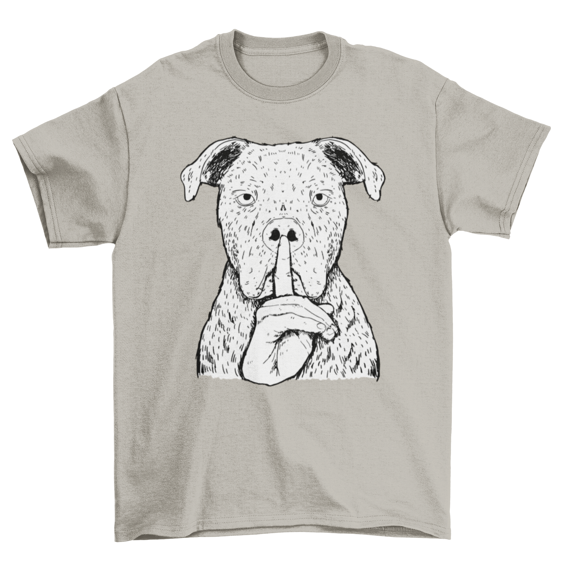 A stylish t-shirt featuring a playful dog illustration and a silencing hand graphic, perfect for dog lovers.