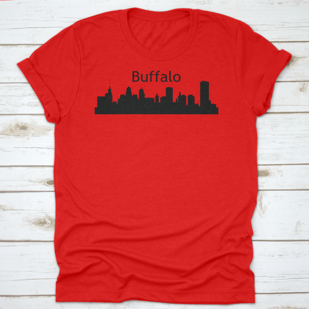 Silhouette architecture skyline of Buffalo, New York, beautifully reflected in water, showcasing iconic buildings.