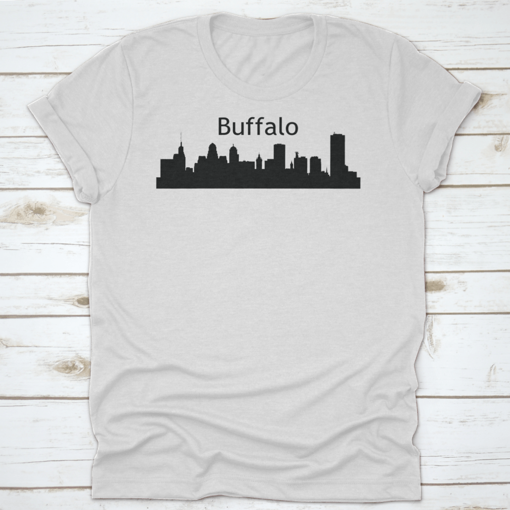 Silhouette architecture skyline of Buffalo, New York, beautifully reflected in water, showcasing iconic buildings.