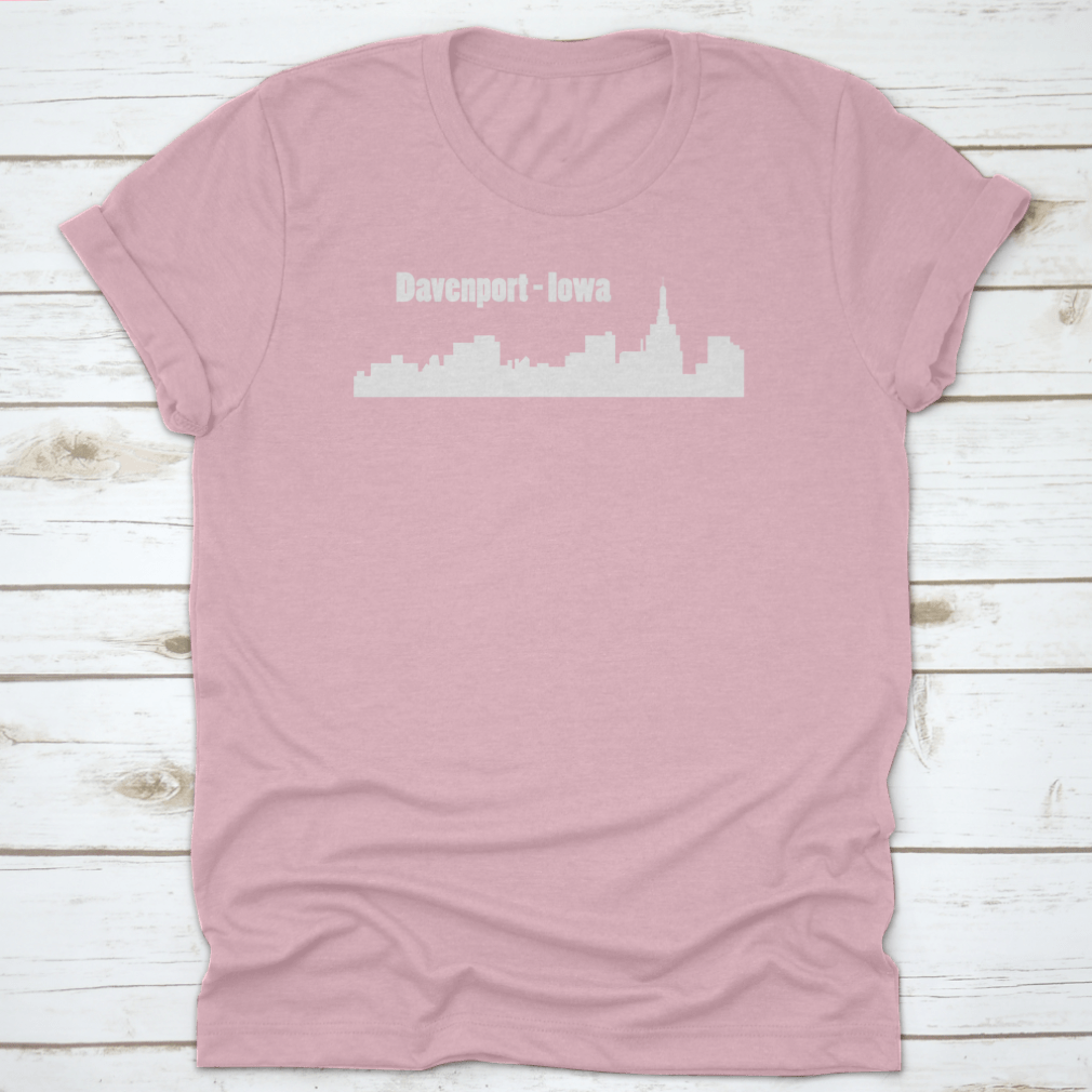 Silhouette illustration of Davenport, Iowa city skyline on a white t-shirt, showcasing iconic buildings in a minimalist design.