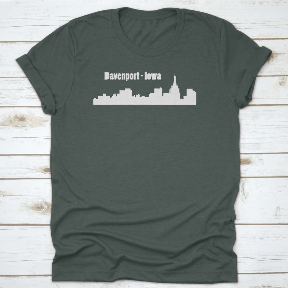 Silhouette illustration of Davenport, Iowa city skyline on a white t-shirt, showcasing iconic buildings in a minimalist design.