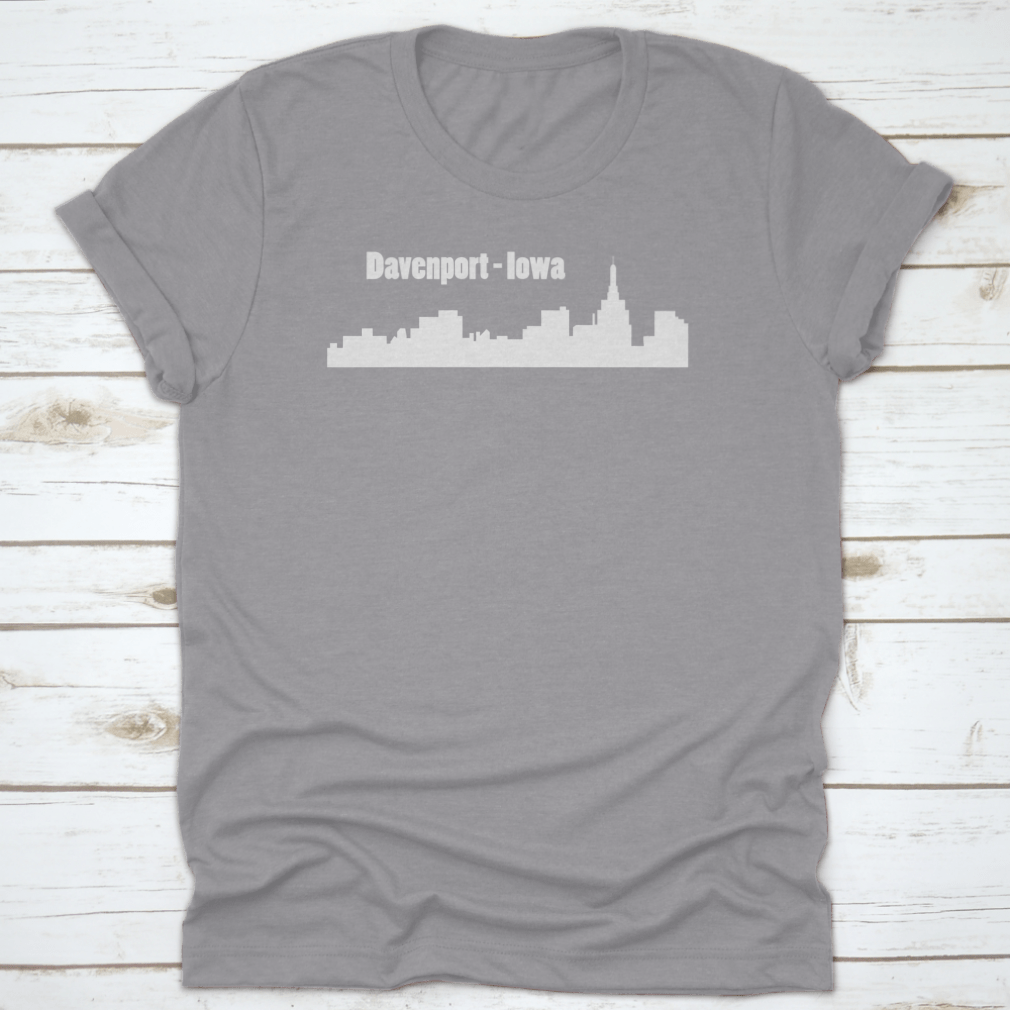 Silhouette illustration of Davenport, Iowa city skyline on a white t-shirt, showcasing iconic buildings in a minimalist design.