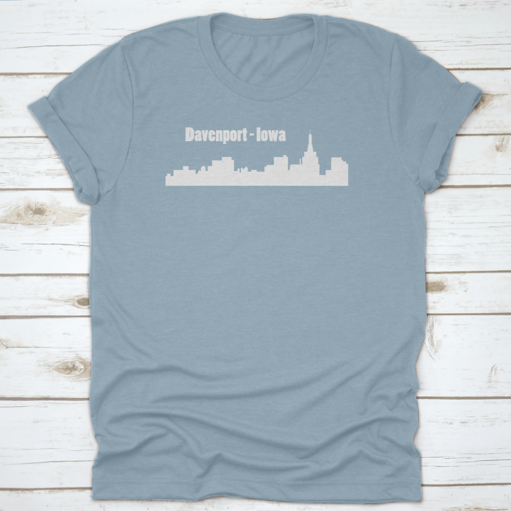 Silhouette illustration of Davenport, Iowa city skyline on a white t-shirt, showcasing iconic buildings in a minimalist design.