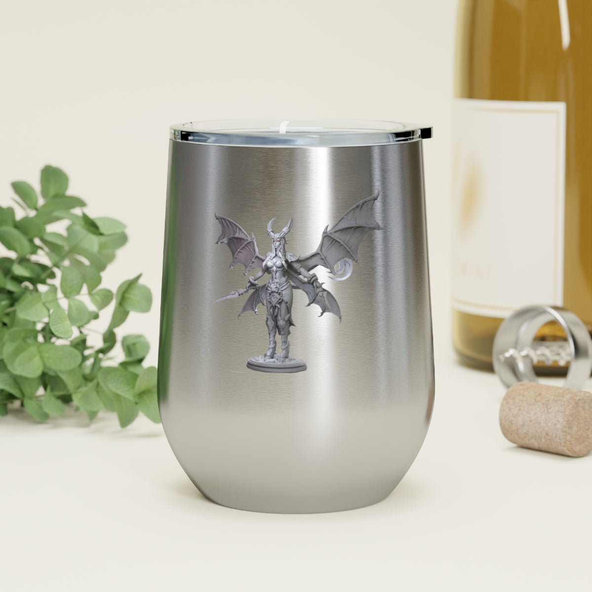 Silvanny 12oz Insulated Wine Tumbler with clear lid, showcasing stylish design and stainless steel finish.