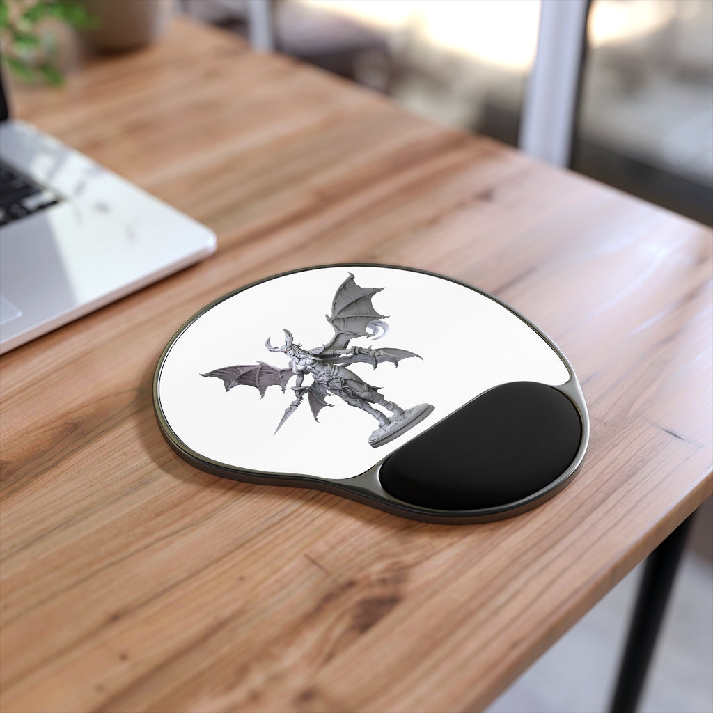 Silvanny Mouse Pad with ergonomic Memory Foam wrist rest and customizable neoprene insert, featuring a foot-shaped black plastic base.