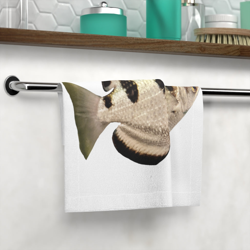 A stylish Silver and Black Fish Face Towel featuring a vibrant fish design on a polyester front and soft cotton back, perfect for personal use or gifting.