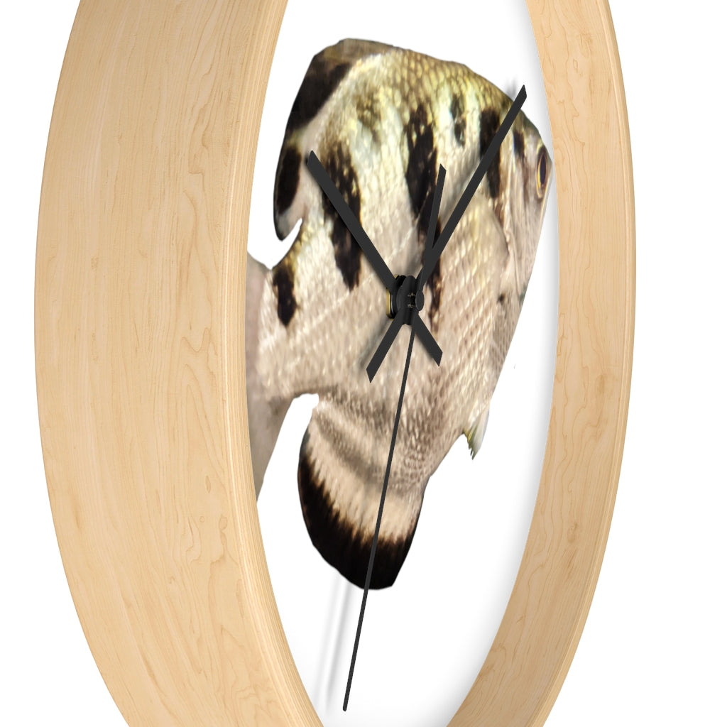 Stylish Silver and Black Fish Wall Clock with wooden frame and plexiglass face, perfect for indoor decor.