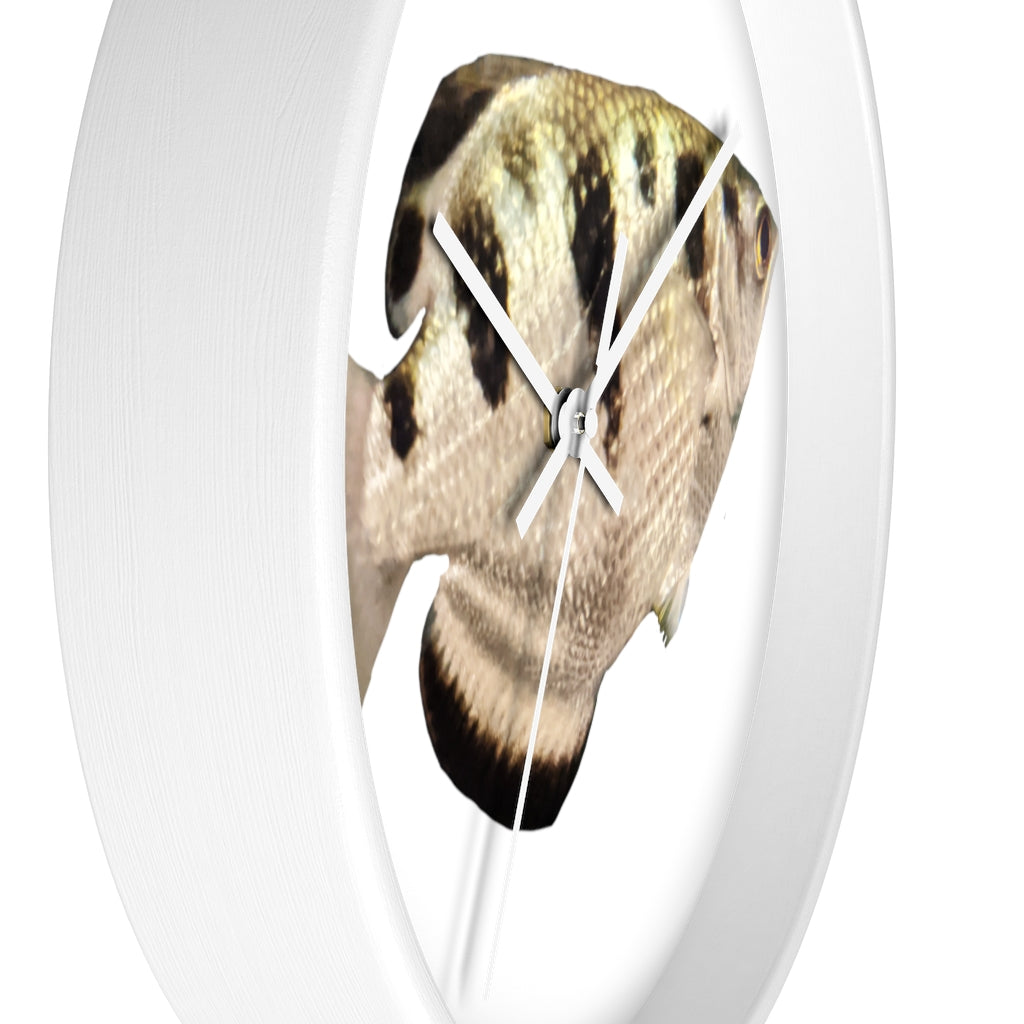 Stylish Silver and Black Fish Wall Clock with wooden frame and plexiglass face, perfect for indoor decor.