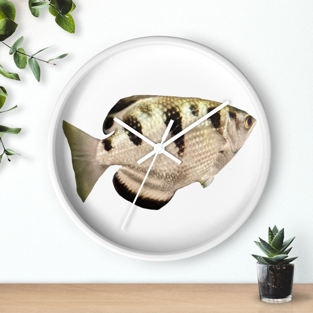 Stylish Silver and Black Fish Wall Clock with wooden frame and plexiglass face, perfect for indoor decor.