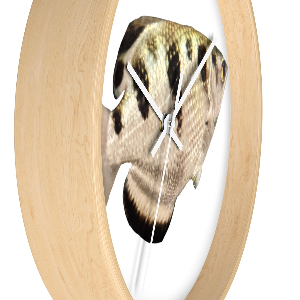 Stylish Silver and Black Fish Wall Clock with wooden frame and plexiglass face, perfect for indoor decor.