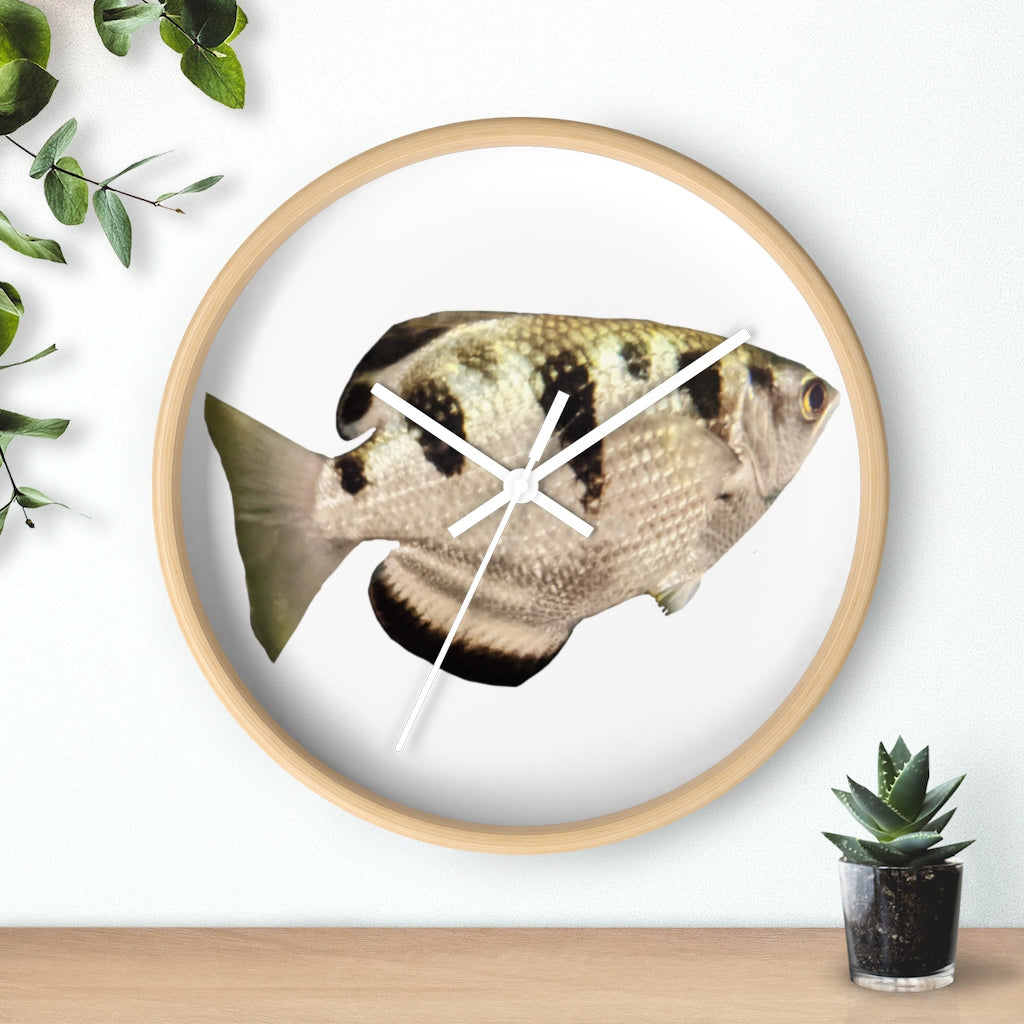 Stylish Silver and Black Fish Wall Clock with wooden frame and plexiglass face, perfect for indoor decor.