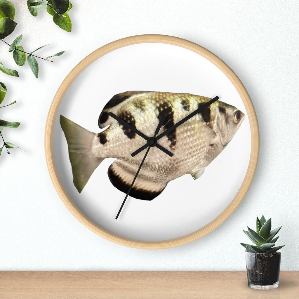 Stylish Silver and Black Fish Wall Clock with wooden frame and plexiglass face, perfect for indoor decor.