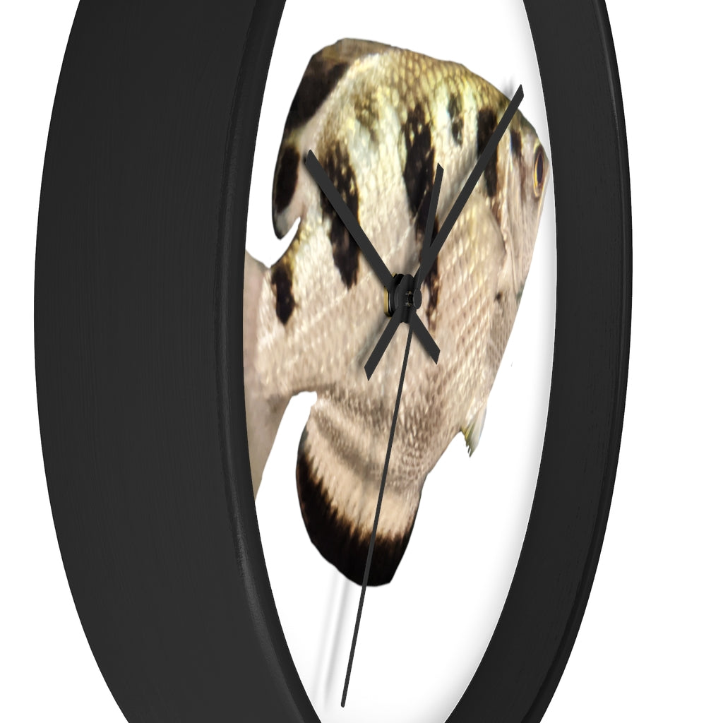 Stylish Silver and Black Fish Wall Clock with wooden frame and plexiglass face, perfect for indoor decor.