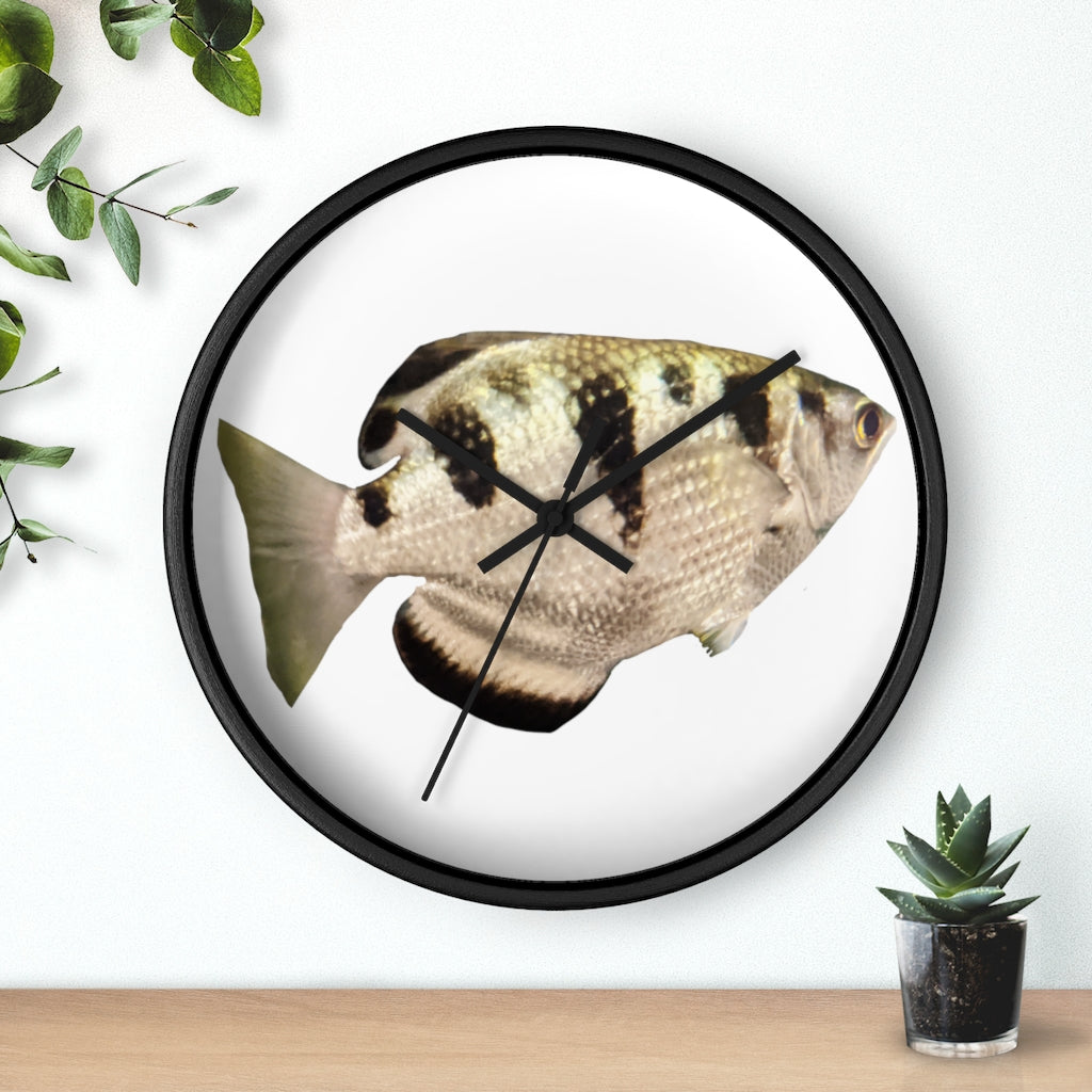 Stylish Silver and Black Fish Wall Clock with wooden frame and plexiglass face, perfect for indoor decor.