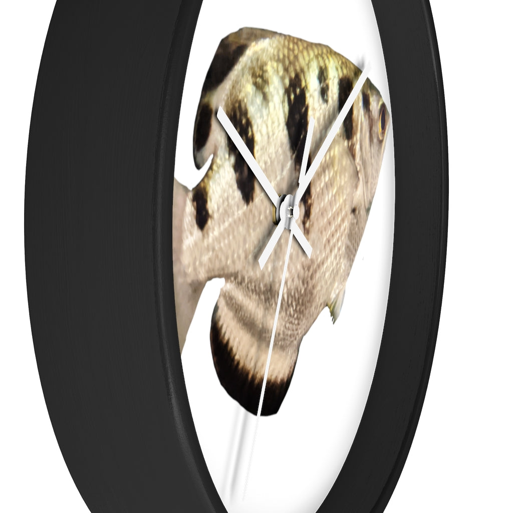 Stylish Silver and Black Fish Wall Clock with wooden frame and plexiglass face, perfect for indoor decor.