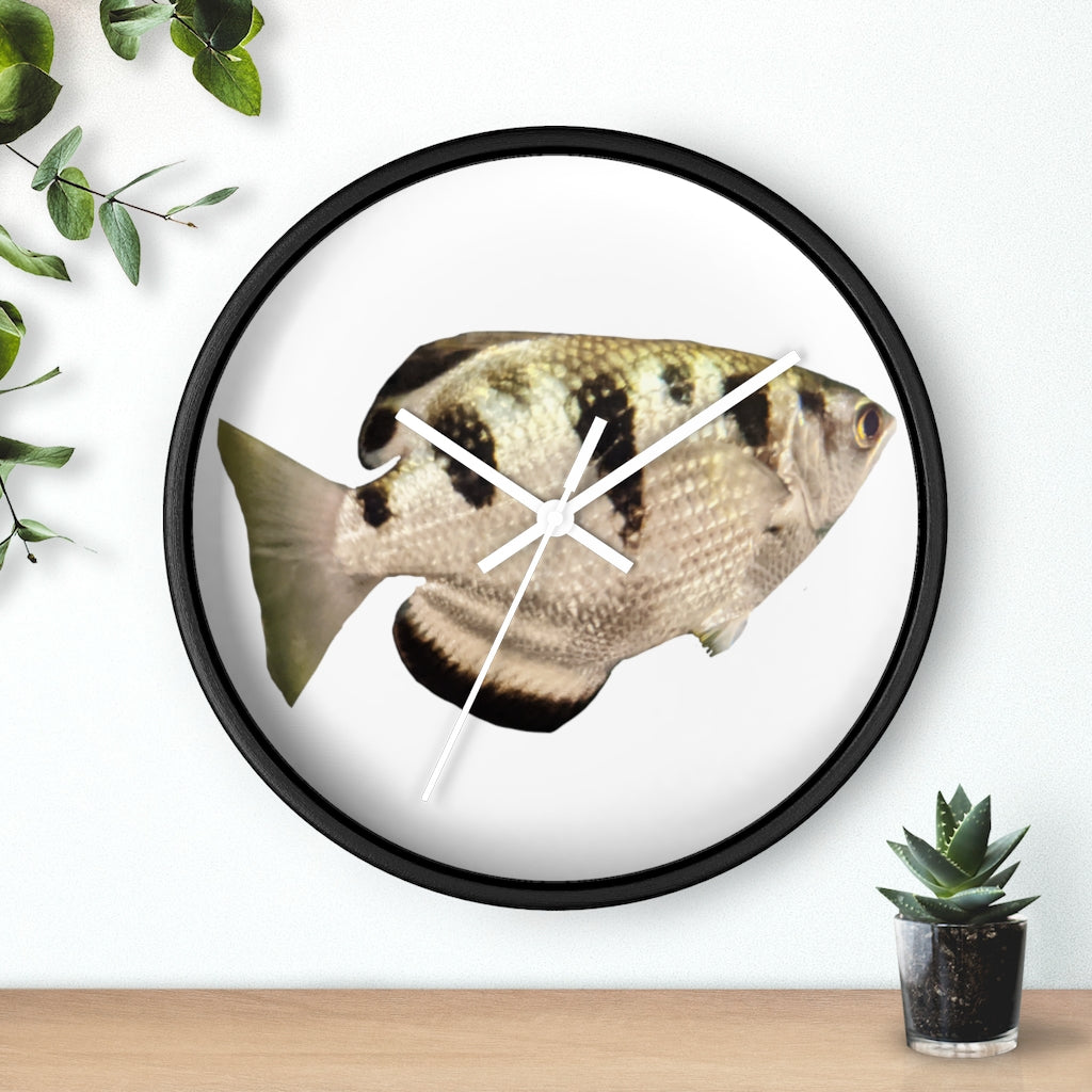 Stylish Silver and Black Fish Wall Clock with wooden frame and plexiglass face, perfect for indoor decor.