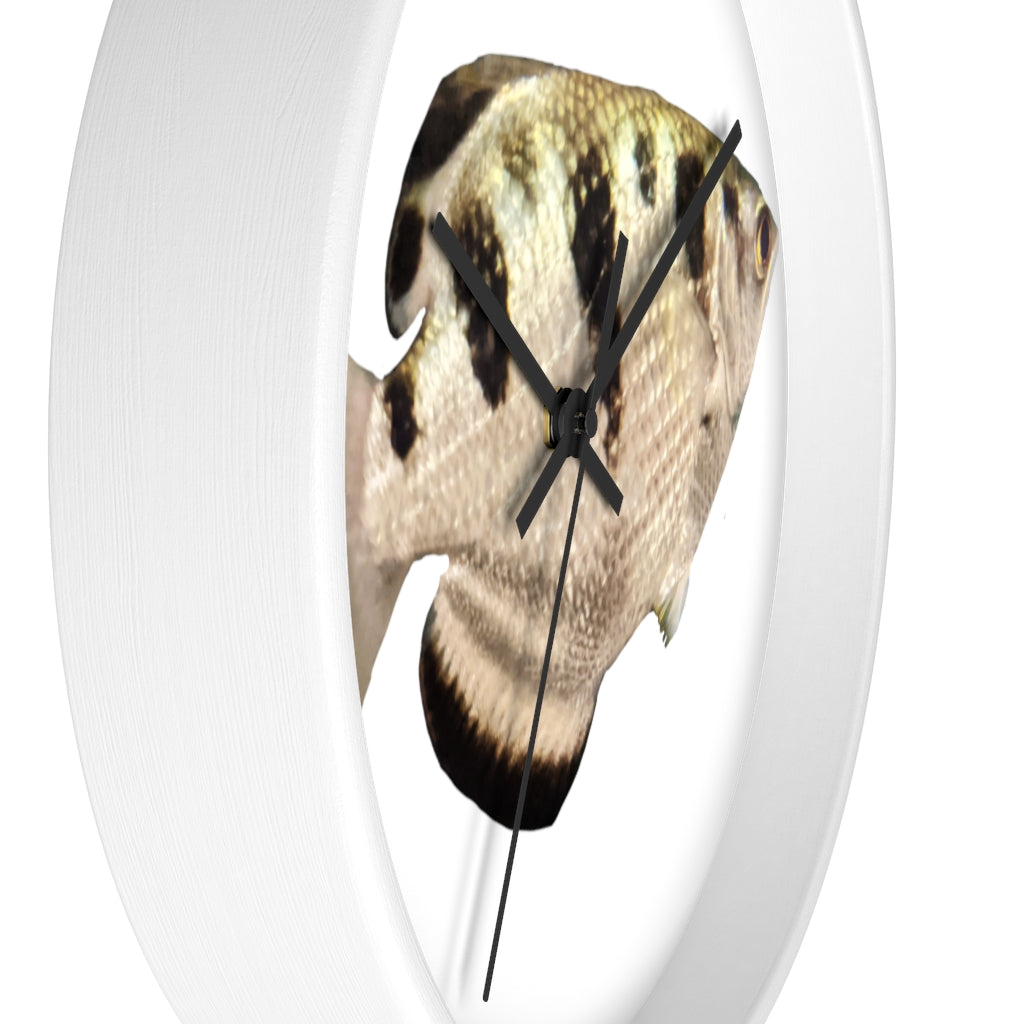 Stylish Silver and Black Fish Wall Clock with wooden frame and plexiglass face, perfect for indoor decor.