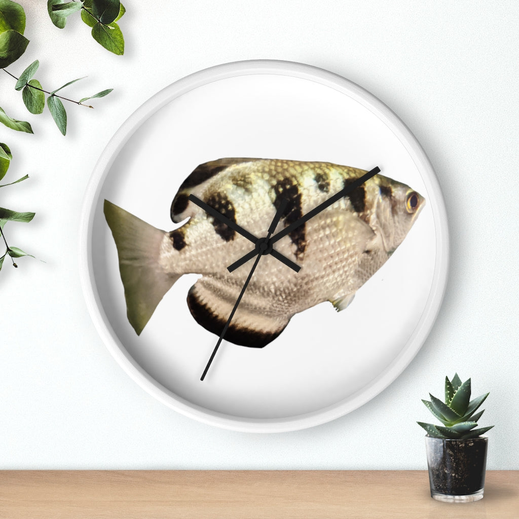 Stylish Silver and Black Fish Wall Clock with wooden frame and plexiglass face, perfect for indoor decor.