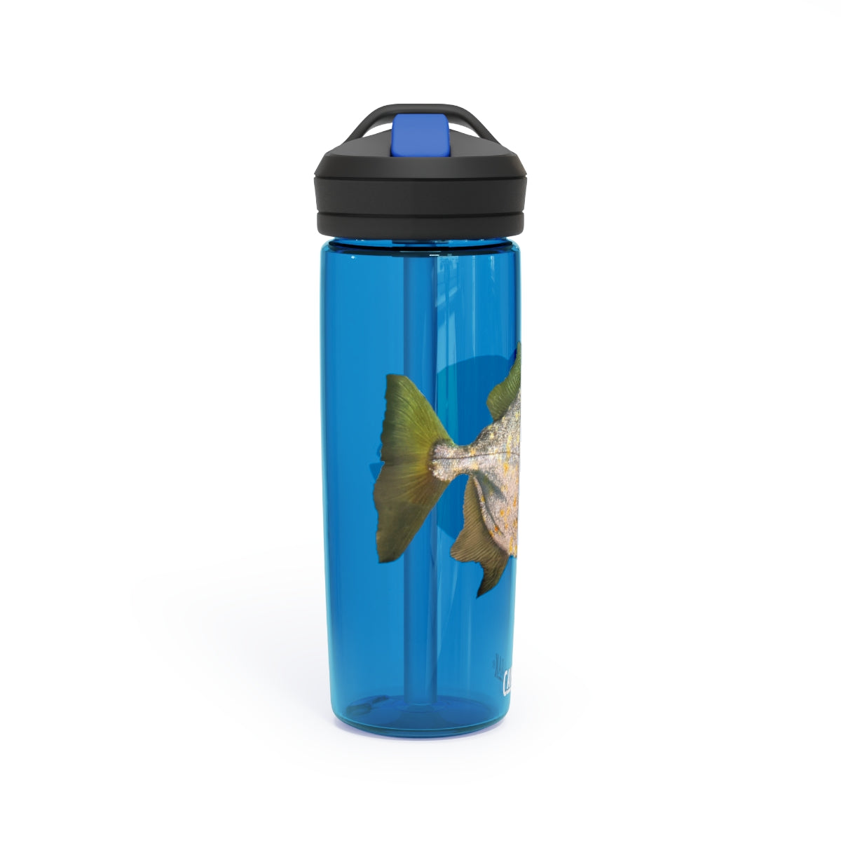 Silver and Spec Fish CamelBak Eddy® Water Bottle in 20oz and 25oz sizes, showcasing its durable Tritan™ material and spill-proof design.