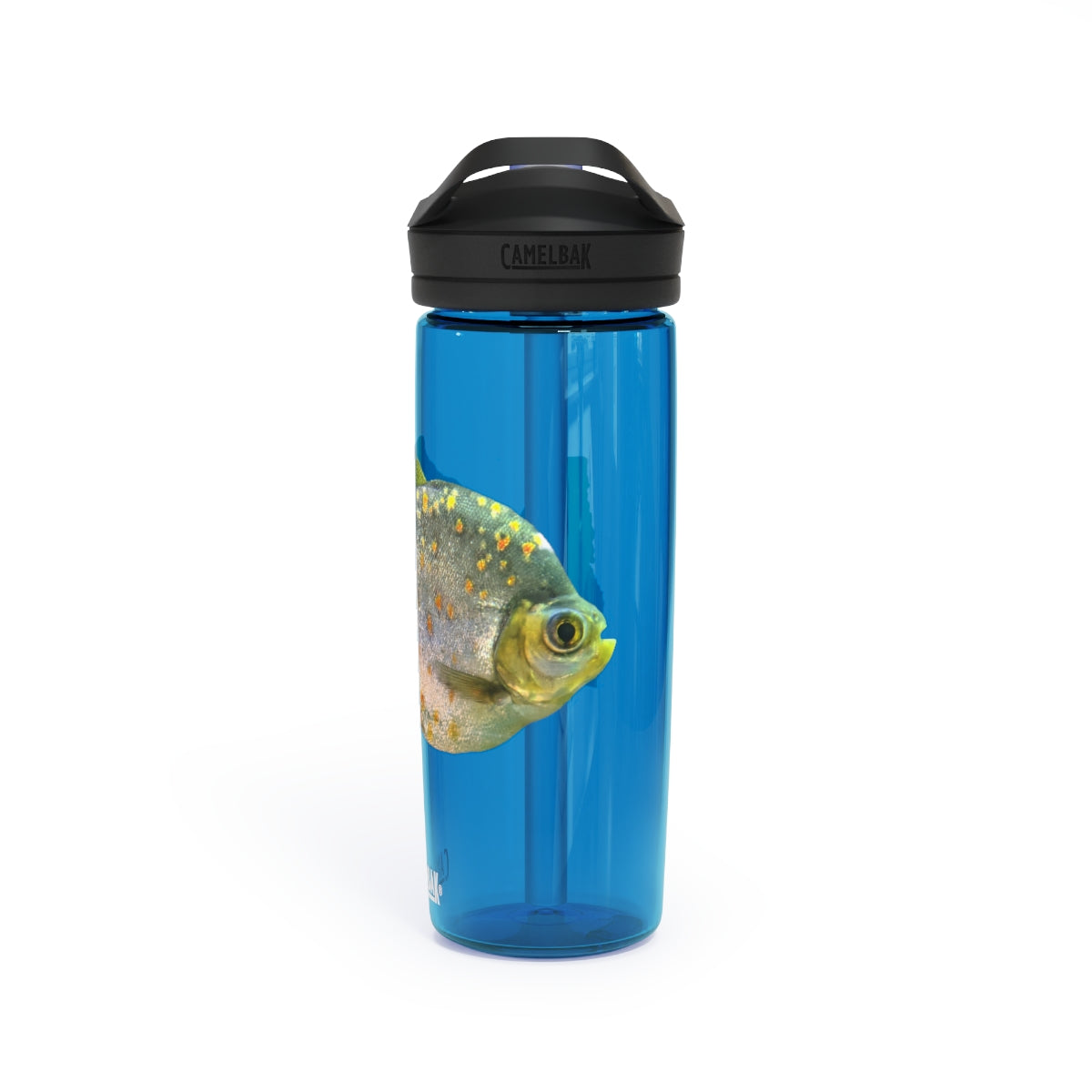 Silver and Spec Fish CamelBak Eddy® Water Bottle in 20oz and 25oz sizes, showcasing its durable Tritan™ material and spill-proof design.