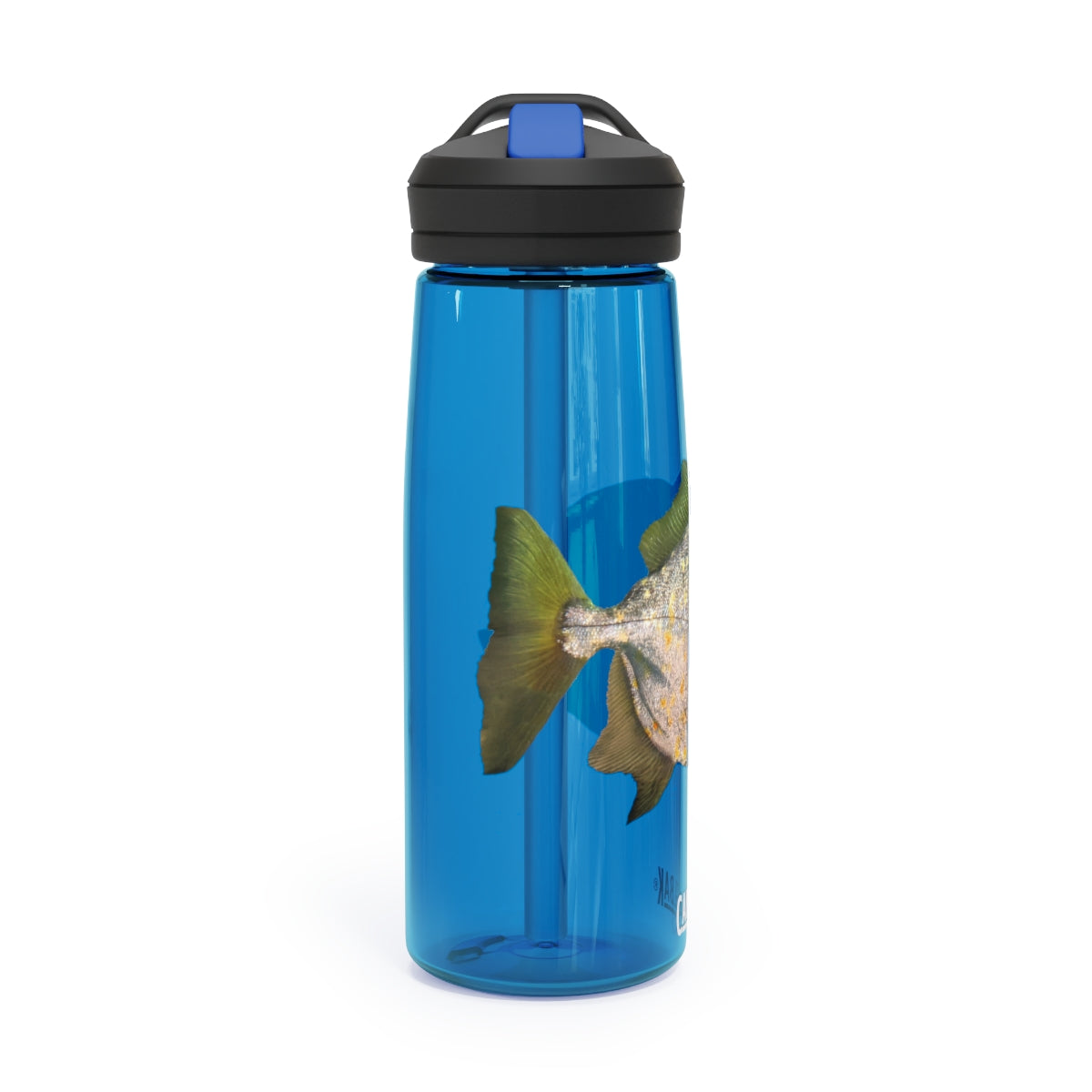 Silver and Spec Fish CamelBak Eddy® Water Bottle in 20oz and 25oz sizes, showcasing its durable Tritan™ material and spill-proof design.