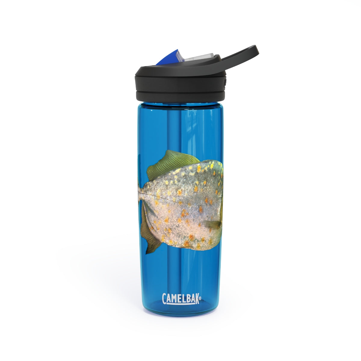 Silver and Spec Fish CamelBak Eddy® Water Bottle in 20oz and 25oz sizes, showcasing its durable Tritan™ material and spill-proof design.