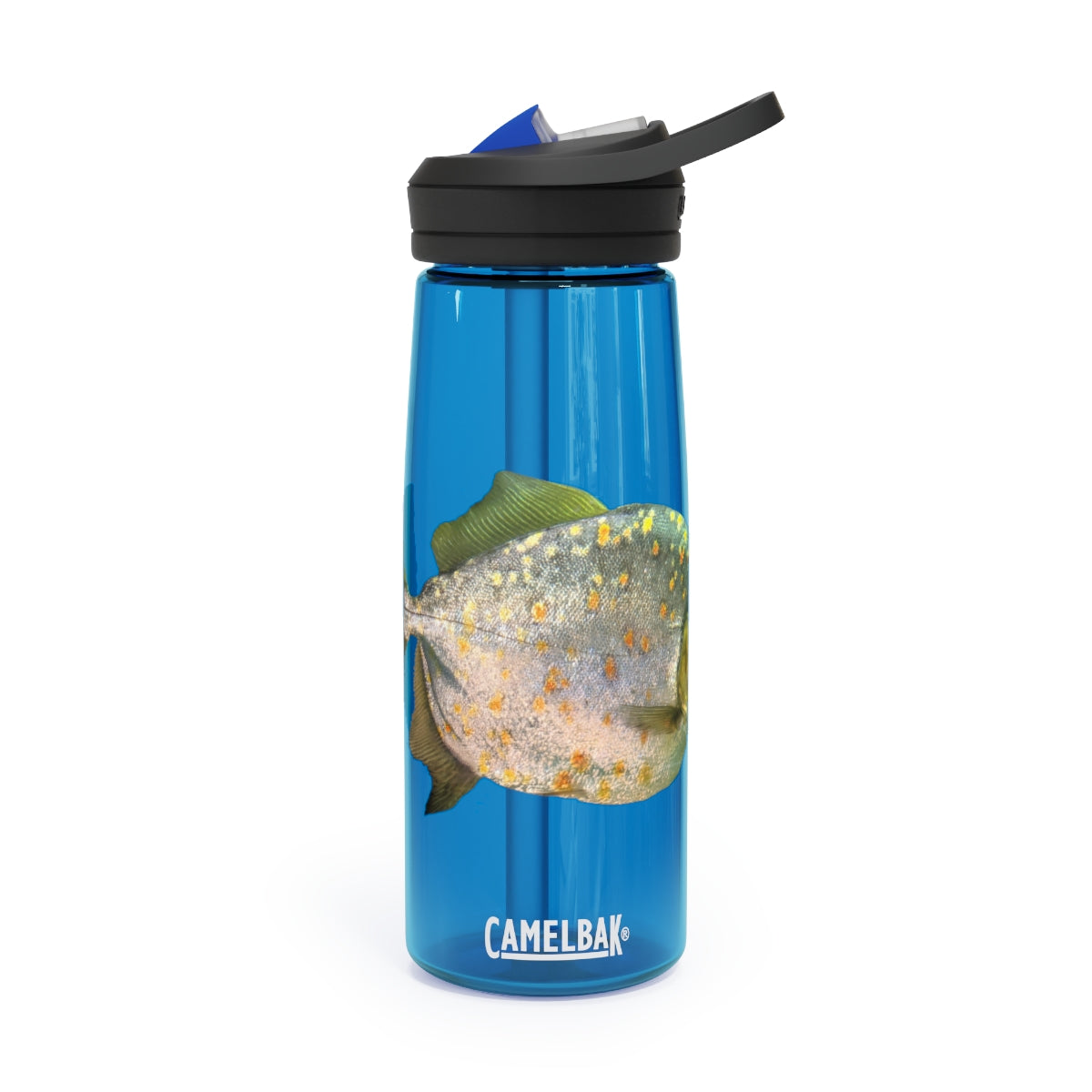 Silver and Spec Fish CamelBak Eddy® Water Bottle in 20oz and 25oz sizes, showcasing its durable Tritan™ material and spill-proof design.