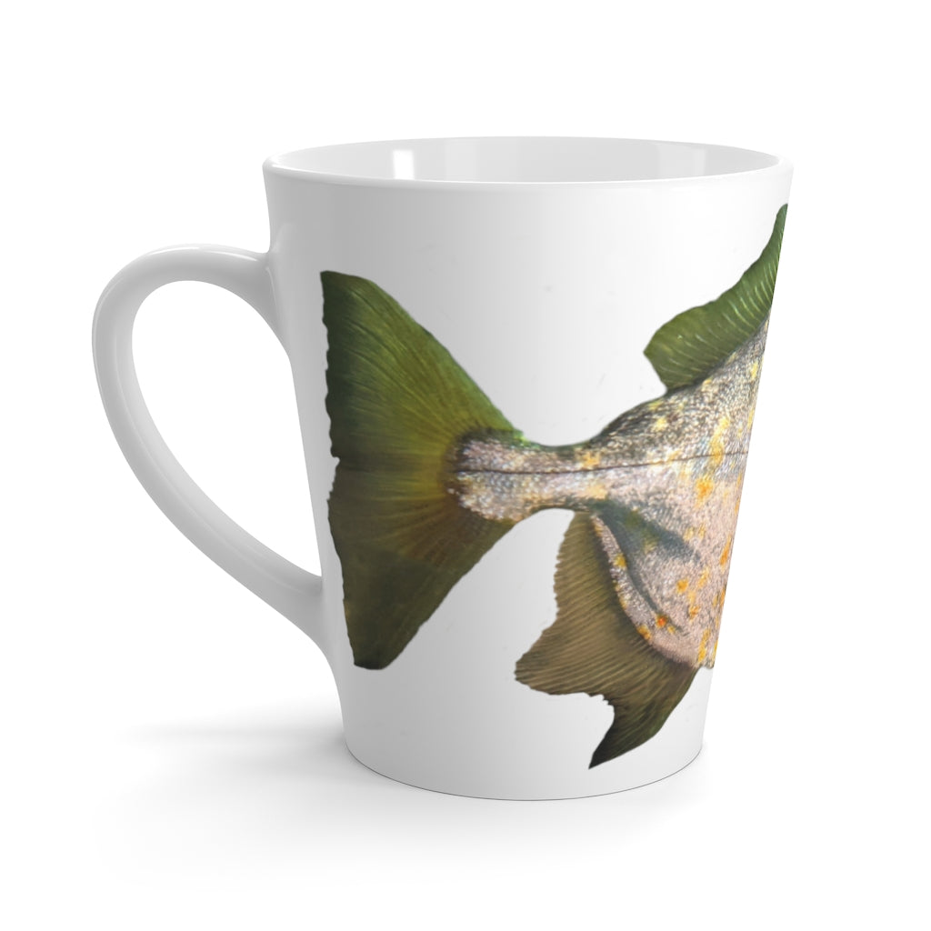 A stylish Silver and Spec Fish Latte Mug made of durable white ceramic, featuring a unique fish design and a comfortable C-handle.