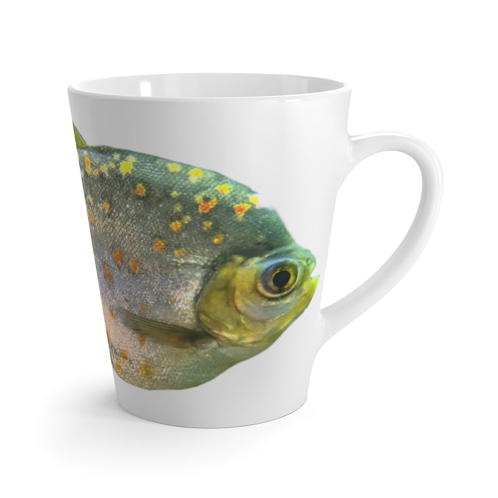 A stylish Silver and Spec Fish Latte Mug made of durable white ceramic, featuring a unique fish design and a comfortable C-handle.