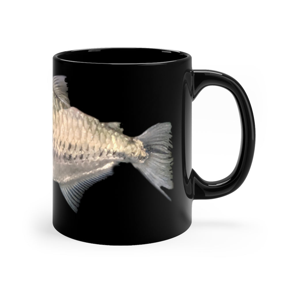 A sleek black ceramic mug with a C-handle, perfect for coffee, tea, or hot chocolate, showcasing its 11oz capacity.