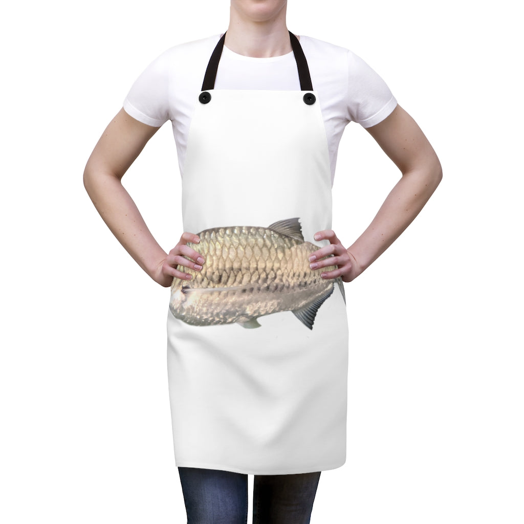 Stylish Silver Fish Apron made from durable polyester with black detachable twill straps, perfect for cooking and grilling.