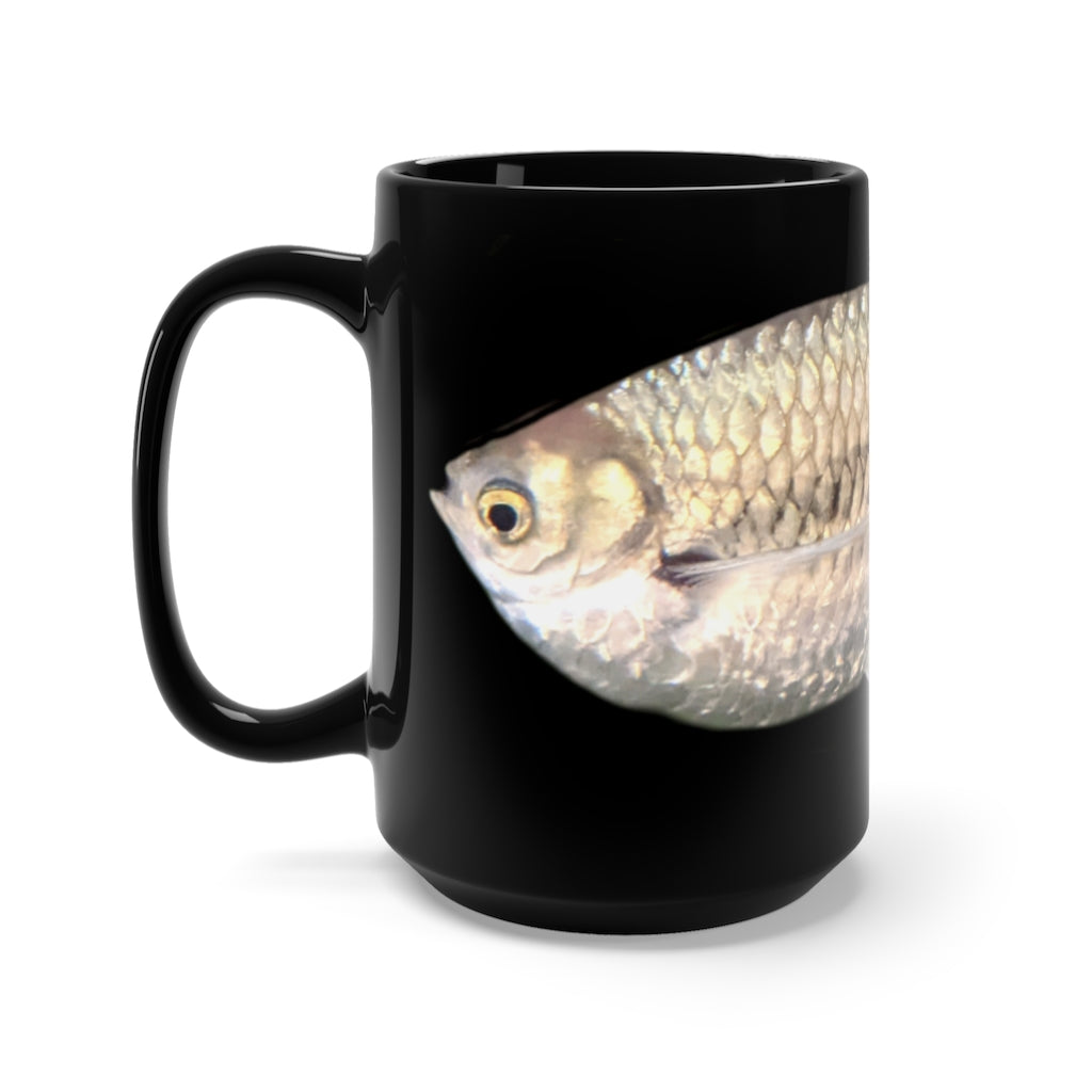 A stylish 15oz black ceramic mug with rounded corners and a C-handle, featuring a unique silver fish design.