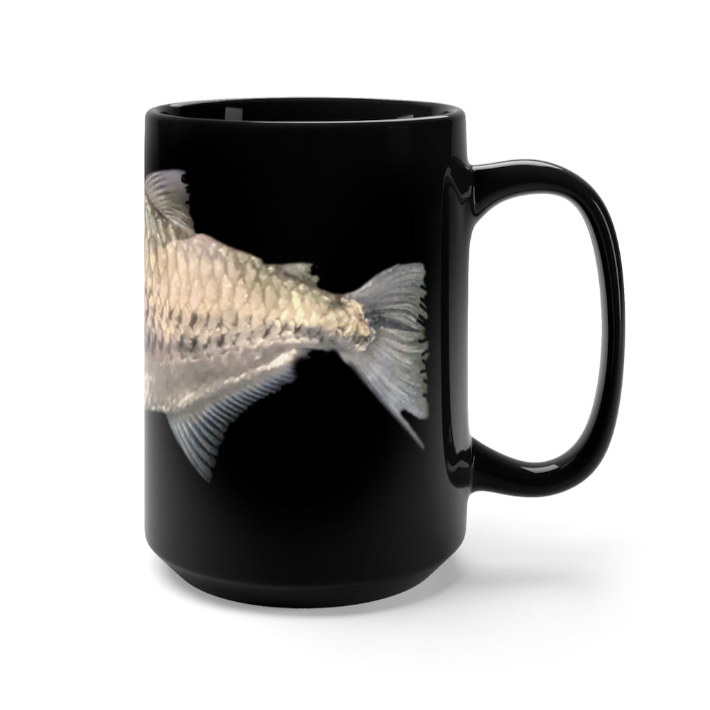 A stylish 15oz black ceramic mug with rounded corners and a C-handle, featuring a unique silver fish design.